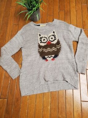 Rewind Gray Crewneck Sweater with Owl Intarsia